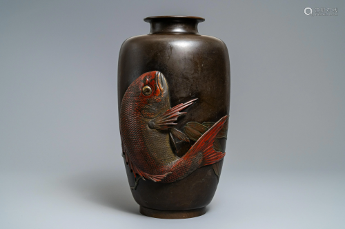 A large Japanese bronze vase with a koi, Meiji…