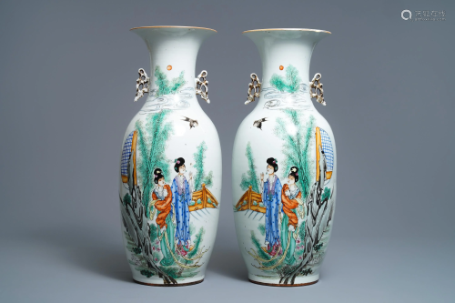 A pair of Chinese famille rose vases with ladie…