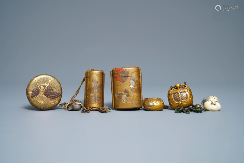Three Japanse lacquer inro with netsuke and a lacq…