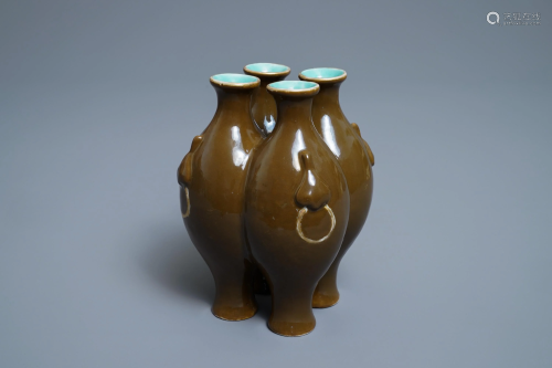 A Chinese conjoined four-part brown-glazed vase,