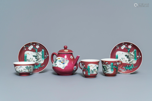 A Chinese famille rose ruby-ground teapot, three cups