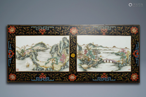 Two Chinese famille rose landscape plaques in a