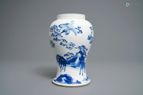 A Chinese blue and white 'deer and crane' vase,…