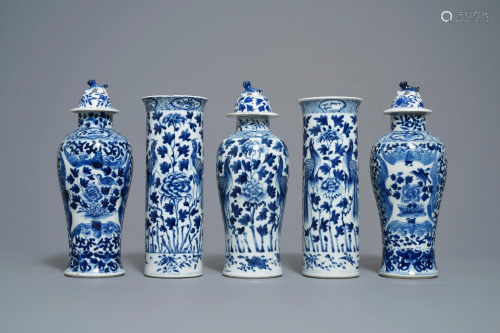 A Chinese blue and white five-piece garniture with
