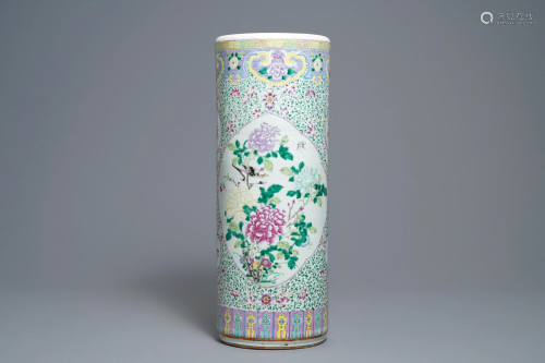 A Chinese famille rose cylindrical vase with birds