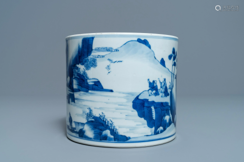 A Chinese blue and white 'landscape' brush pot, …