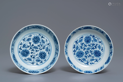 A pair of Chinese blue and white 'lotus scroll' plates,