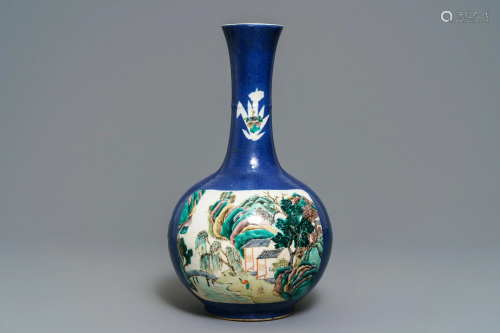 A Chinese famille verte powder blue-ground bottle vase,
