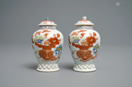 A pair of Chinese iron red and gilt tea caddies and
