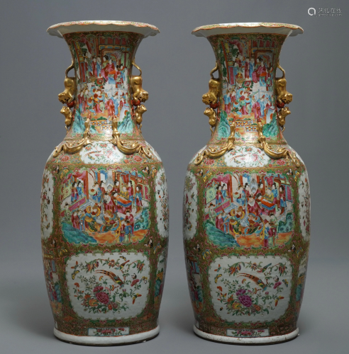 A pair of large Chinese Canton famille rose vases, 19th