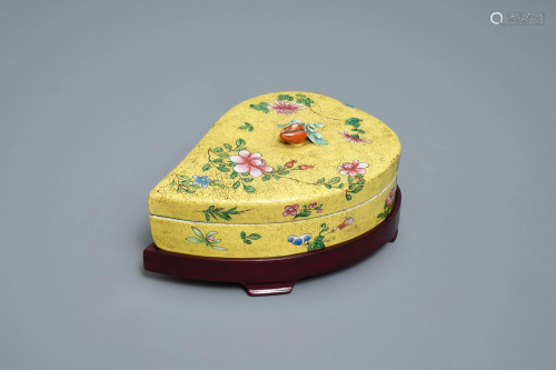 A Chinese yellow-ground famille rose box and cover,