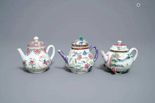 Three Chinese famille rose teapots and covers,