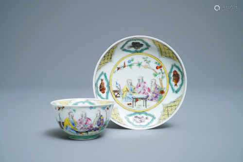 A Chinese famille rose cup and saucer after Cornelis