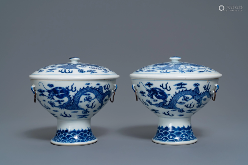 A pair of Chinese blue and white 'dragon' bowls and