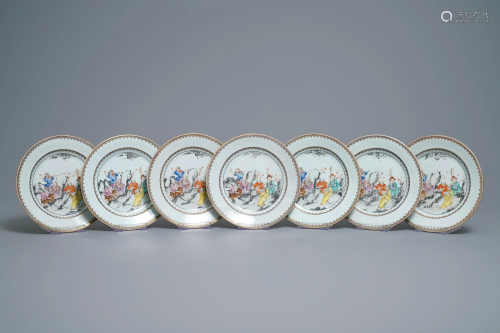 Seven Chinese famille rose plates with Luohan near a