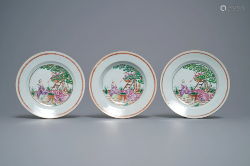 Three Chinese famille rose 'cherry pickers' plates,