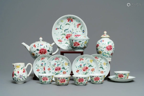 A Chinese famille rose 15-piece tea service with floral