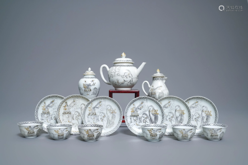 A Chinese grisaille 15-piece tea service with 'brothel'