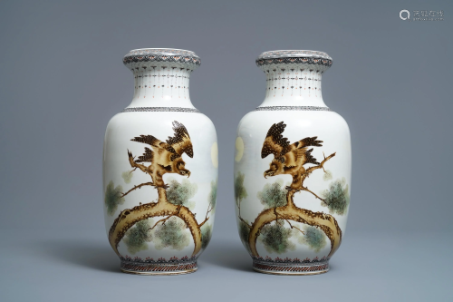 A pair of Chinese polychrome vases with birds …