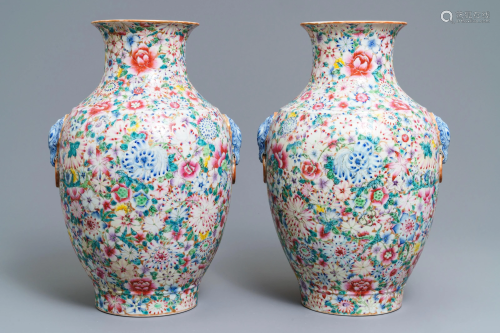 A pair of Chinese famille rose 'millefleurs' vases,