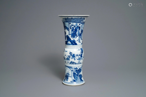 A Chinese blue and white gu vase with figurative