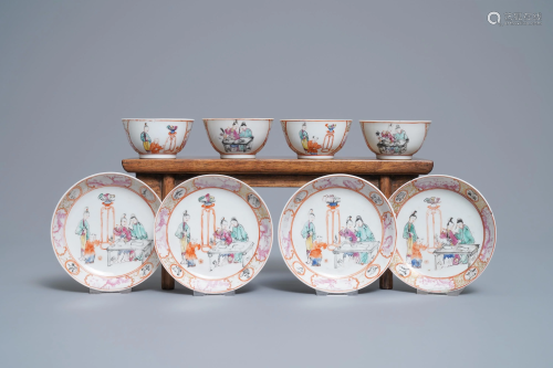 Four Chinese famille rose 'mandarin' cups and sa…