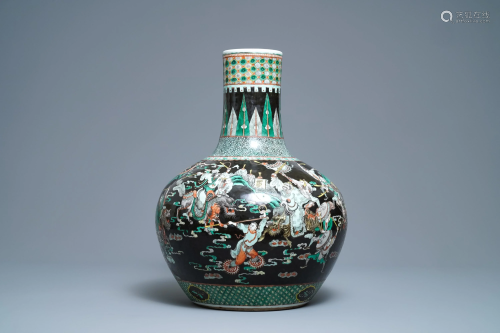 A Chinese famille verte black-ground 'war scene' vase,