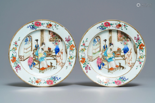 A pair of Chinese famille rose plates with a suc…