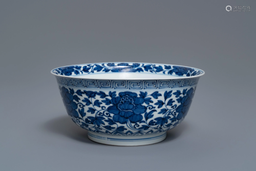 A Chinese blue and white 'peony scroll' bowl, Kan…