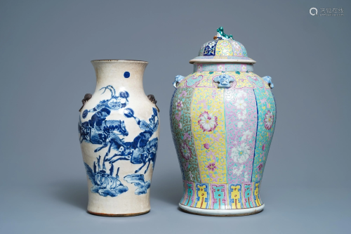 A Chinese famille rose vase with cover and a blue …