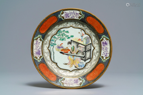 A Chinese famille rose plate with a lady playing a …