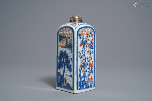 A square Chinese Imari-style silver-mounted bottle,