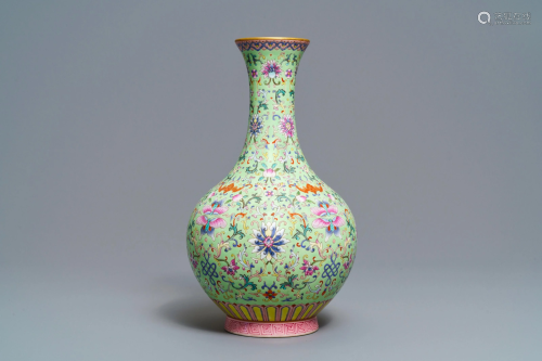 A Chinese famille rose lime green-ground vase, Qia…