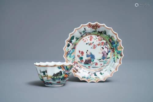 A Chinese famille rose cup and saucer with fisherm…