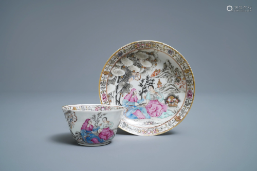 A Chinese famille rose 'amorous couple' cup and sa…