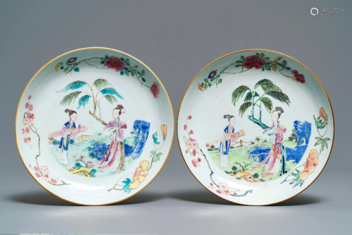 A pair of Chinese famille rose plates with ladie…