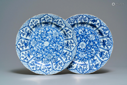 A pair of Chinese blue and white chargers with floral