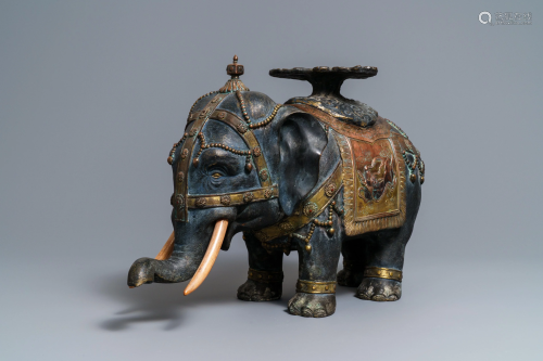 A large Japanese inlaid bronze model of an elephant,