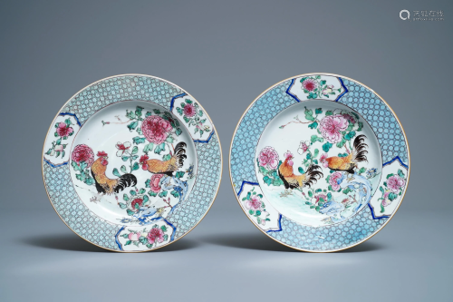 A pair of Chinese famille rose 'rooster' plates,