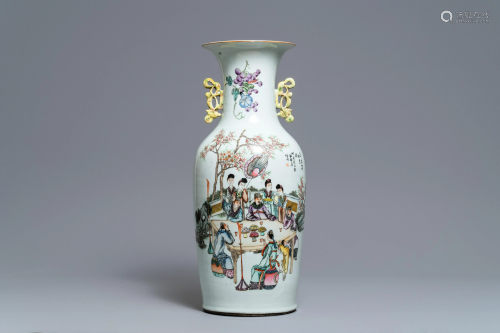 A Chinese famille rose two-sided design vase, 19/20th