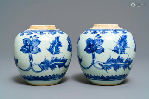 A pair of Chinese blue and white jars with floral
