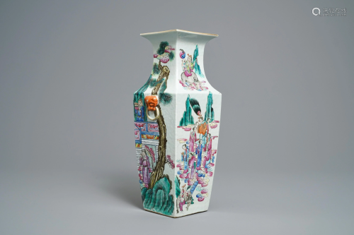 A Chinese famille rose square vase with figural desi…