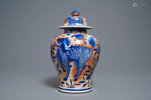 A Chinese blue and white clobbered 'qilin and p…