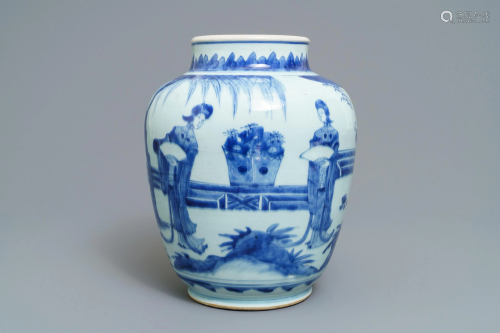 A Chinese blue and white jar with ladies in a g…