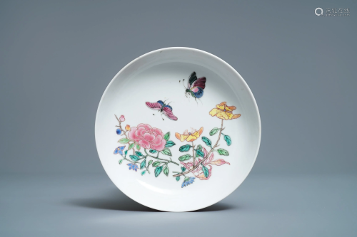 A Chinese famille rose 'ruby back' saucer dish with