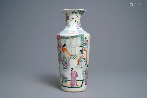 A Chinese famille rose rouleau 'court scene' vase, 1…