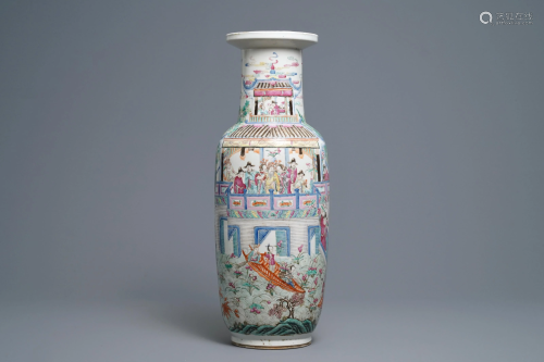 A Chinese famille rose rouleau vase, 19th C.