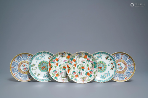 Three pairs of Chinese famille rose and fencai plates,
