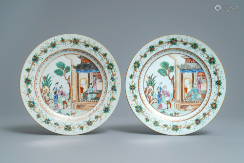 A pair of Chinese famille rose plates with fine