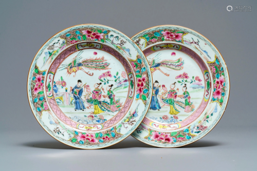 A pair of Chinese famille rose 'phoenixes' plates,